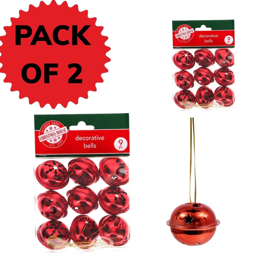 Set Of 2 Holiday Jingle Bell Decor Set 9 Bells Each (18 Total) Gold Snowflake